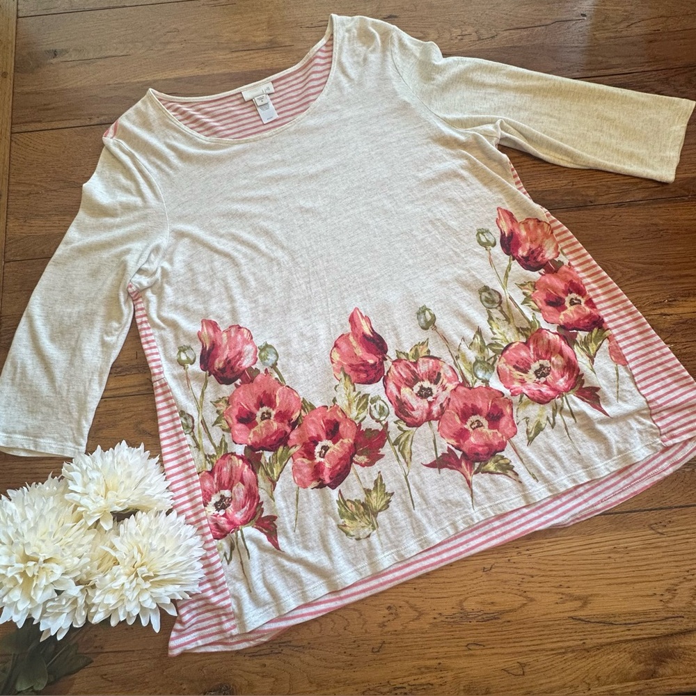 J Jill Poppy Floral Print Border Striped Tunic Peplum Back 3/4 Sleeve Top Medium